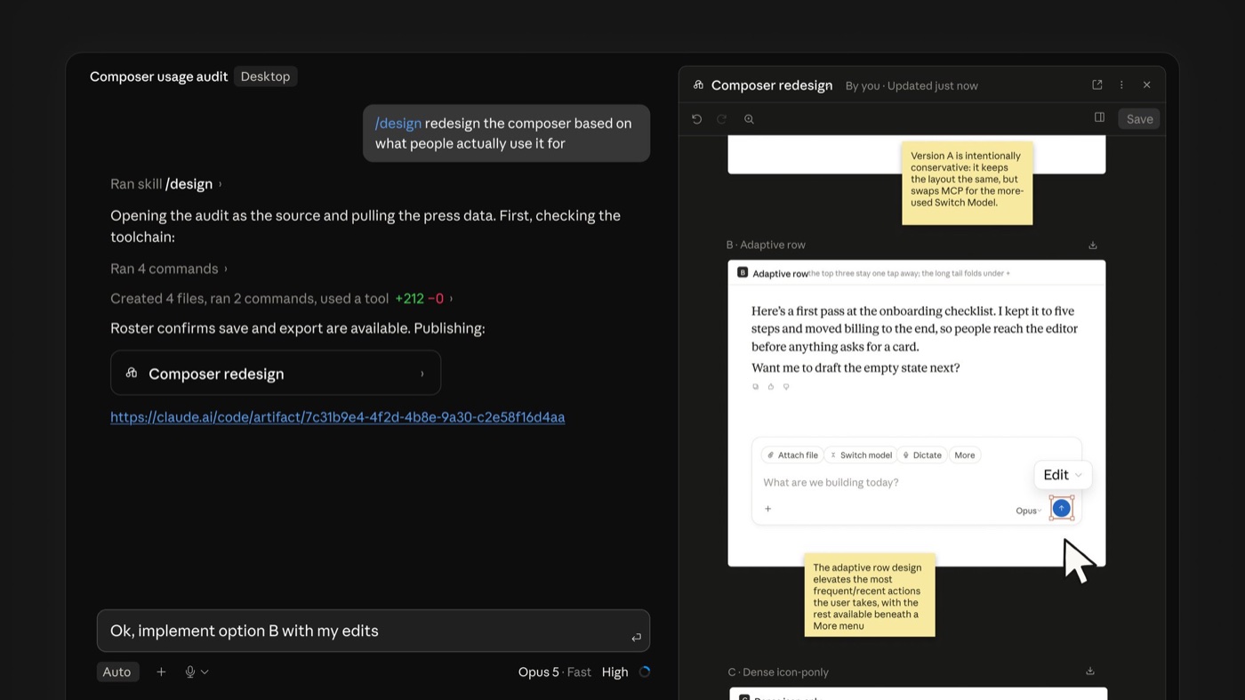 ภาพหน้าจอ Claude Code ฝั่งซ้ายเป็นแชตที่ผู้ใช้พิมพ์คำสั่ง /design ให้ออกแบบ composer ใหม่ ฝั่งขวาเป็นแผงชื่อ Composer redesign ที่แสดง artboard หลายแบบเรียงลงมา แต่ละแบบมีโน้ตสีเหลืองกำกับเหตุผลของดีไซน์นั้น